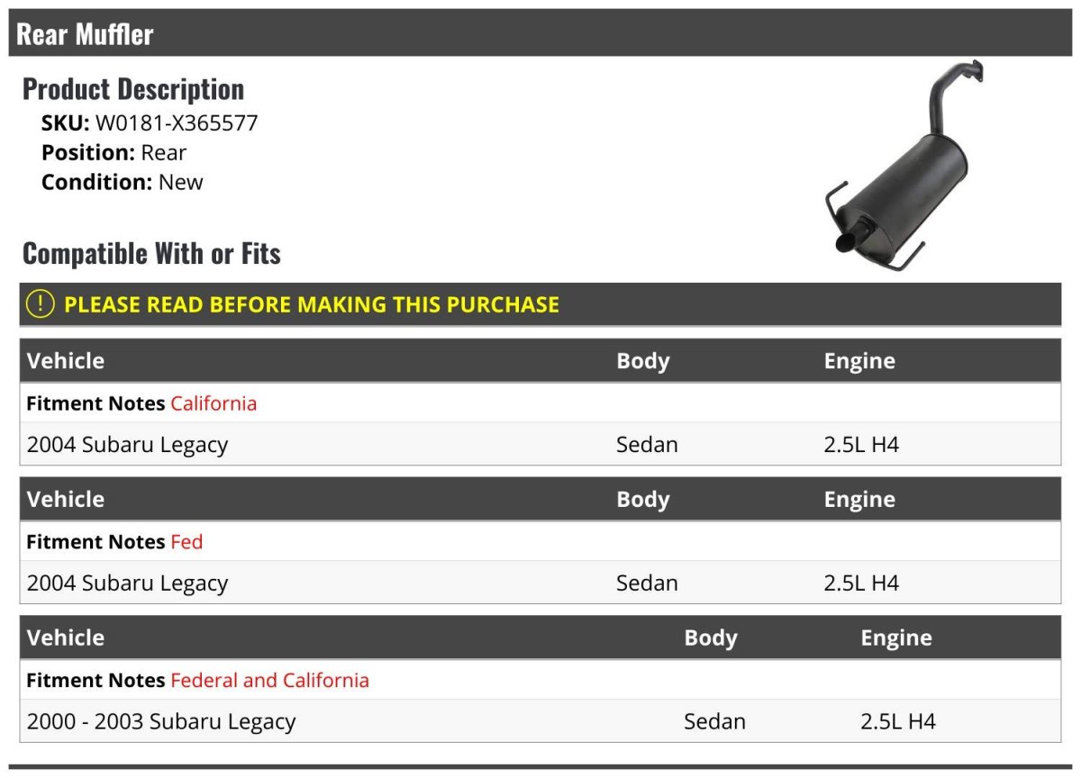 Rear Muffler For 2000-2004 Subaru Legacy Sedan 2 5l H4