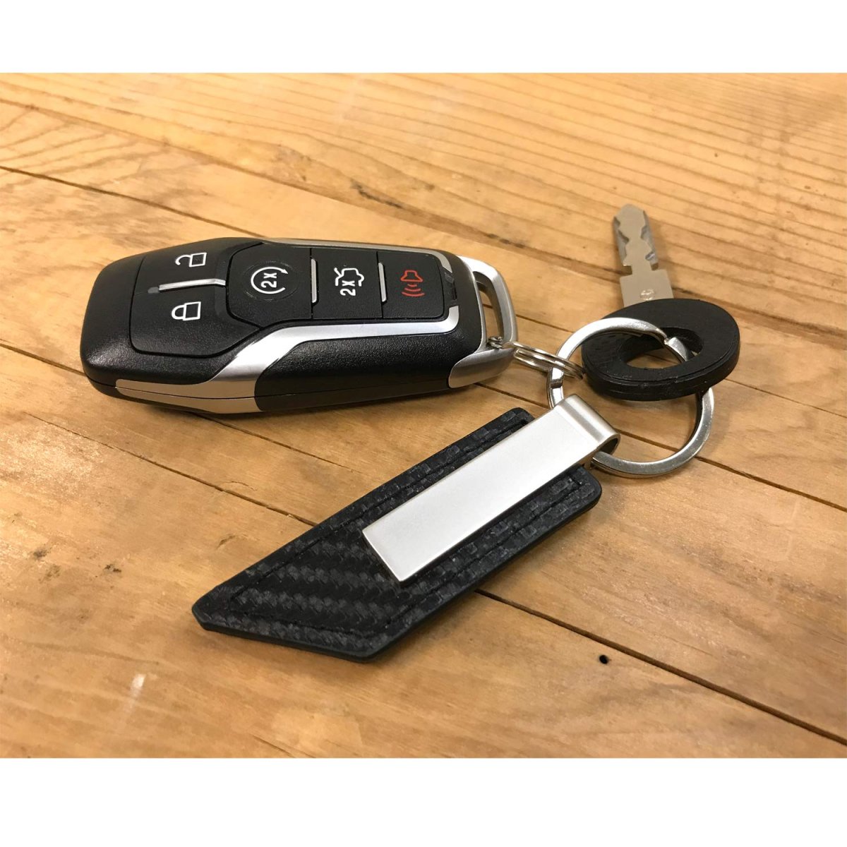 Hemi Pu Leather Carbon Fiber Texture Strap Silver Metal Bar Key Chain Official Licensed Modern Keychain 3 75 In X 1
