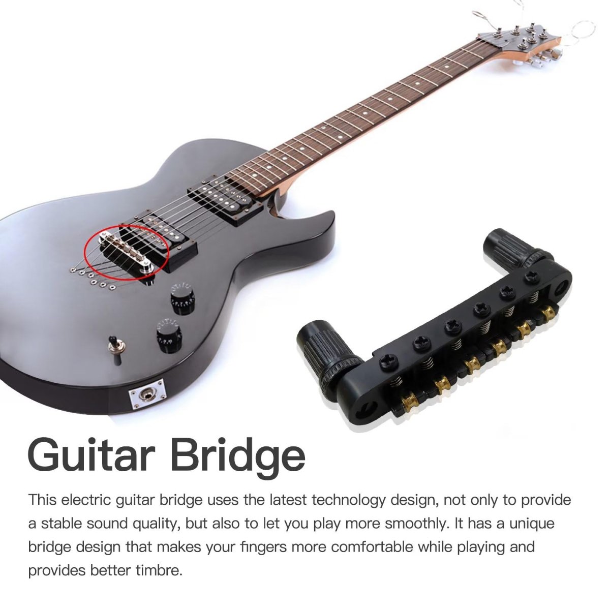 Tune O Matic Bridge With Roller Saddles For Epiphone Les Paul Sg Es Dot Black Finish 12 In Radius Includes M8 Threaded Posts