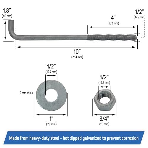 1 2 X 10-inch Galvanized Threaded Anchor Bolts With Hardware For Wood Concrete 10 Pack