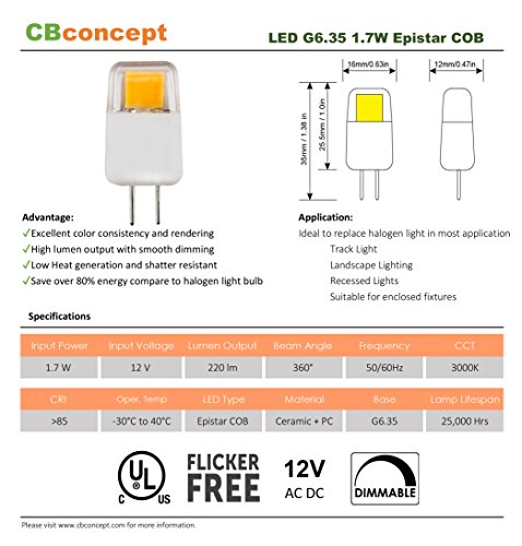 12 Volt G6 35 Led Light Bulb 5 Pack Warm White 3000k Dimmable Halogen Replacement Epistar Cob 1 7 Watt 220 Lumen 360 Degrees