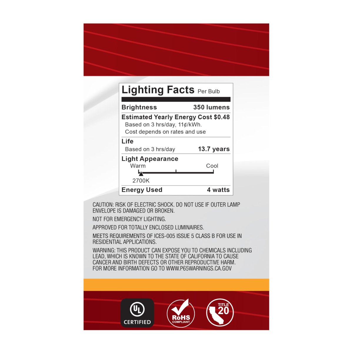 Satco S21204 4w G16 5 Led Filament Lamp Clear Candelabra Base 2700k Warm White 350 Lumens 120v 40w Incandescent Equivalent Wet