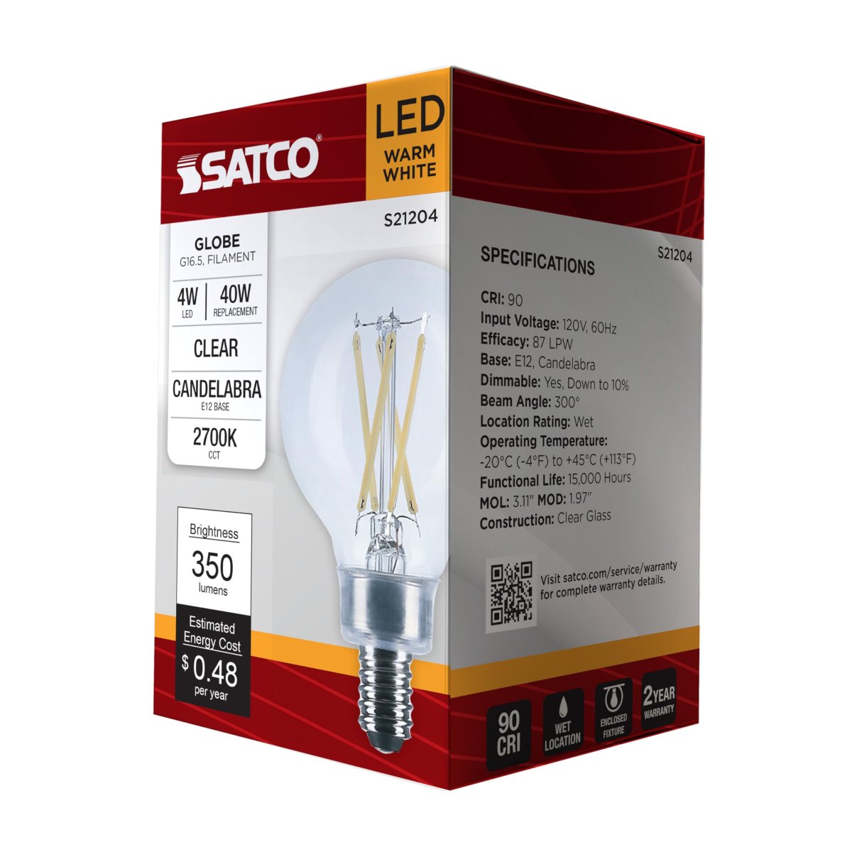 Satco S21204 4w G16 5 Led Filament Lamp Clear Candelabra Base 2700k Warm White 350 Lumens 120v 40w Incandescent Equivalent Wet