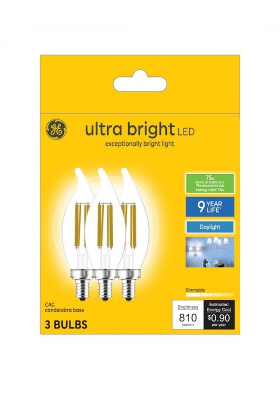 Ge Ultra Bright Led 75 Watt Equivalent Ca12 Daylight Dimmable Decorative Candle Light Bulb 3 Pack