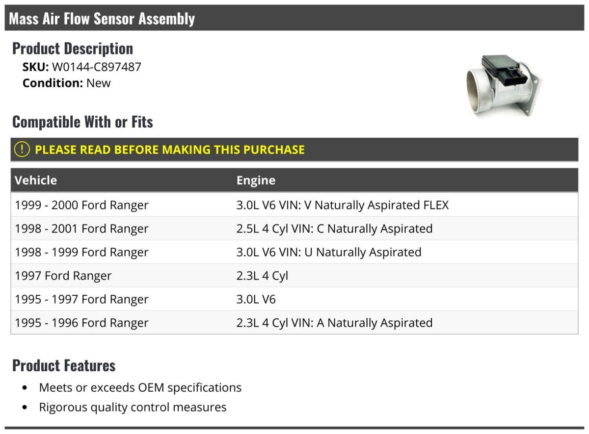 Mass Air Flow Sensor Assembly For 1995 To 2001 Ford Ranger W0144-c897487