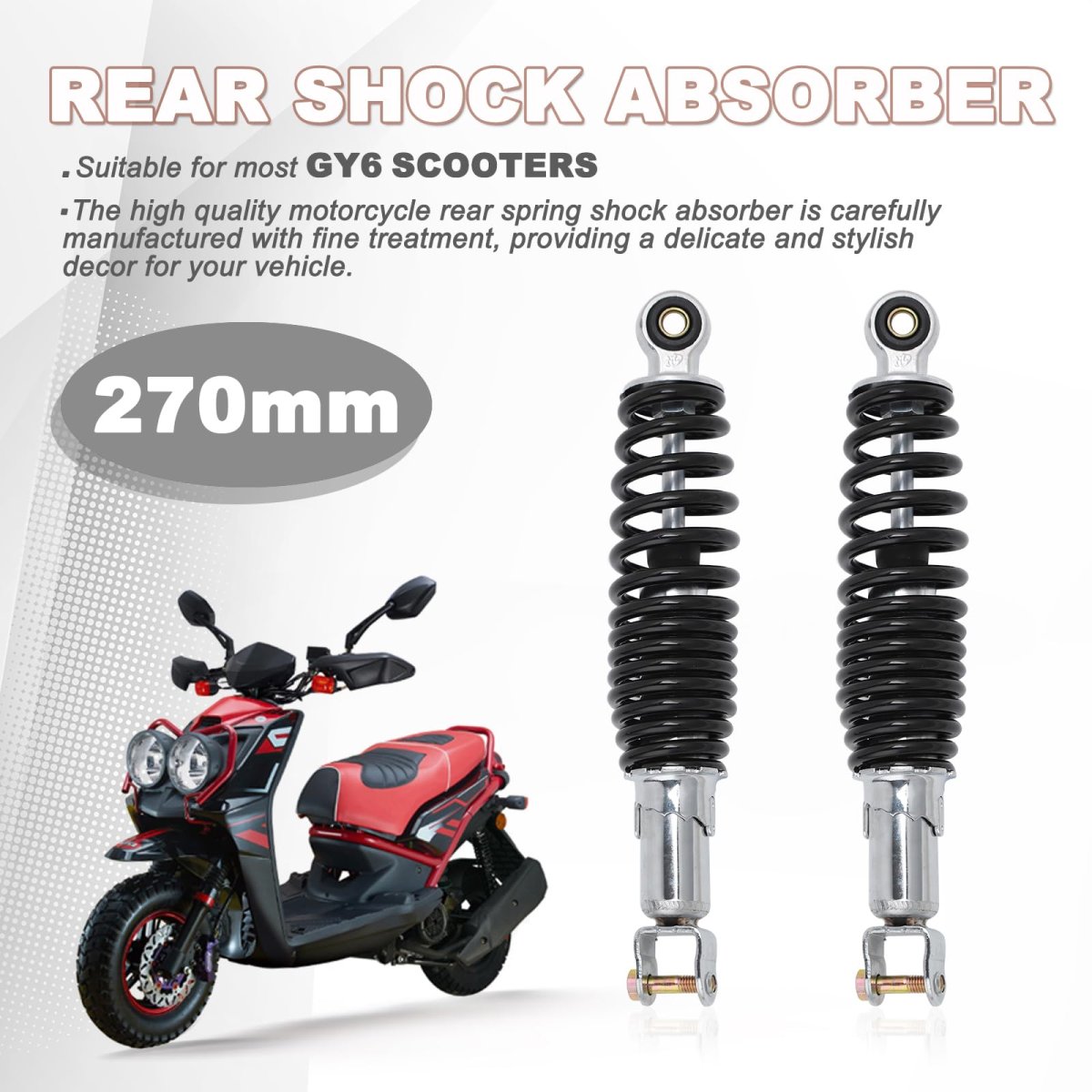 Dual Rear Shock Absorbers With Adjustable Spring Preload 270mm Length 10mm Mounting Hole For Chinese Gy6 Scooter Mopeds Taotao