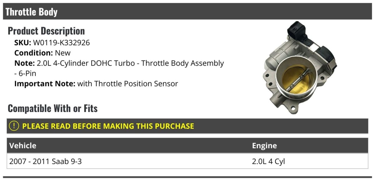 Throttle Body With 6-pin Connector And Position Sensor For 2007-2011 Saab 9-3 2 0l 4-cylinder