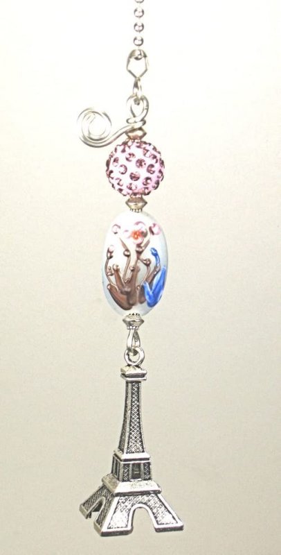 Springtime In Paris France French Silver Eiffel Tower With Handmade Glass Rose Rhinestone Ceiling Fan Pull Chain