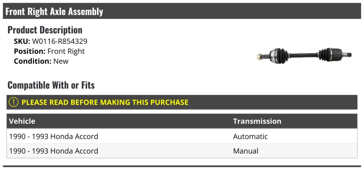 Front Right Passenger Side Cv Axle Assembly For 1990-1993 Honda Accord Fits Automatic Transmission And Manual