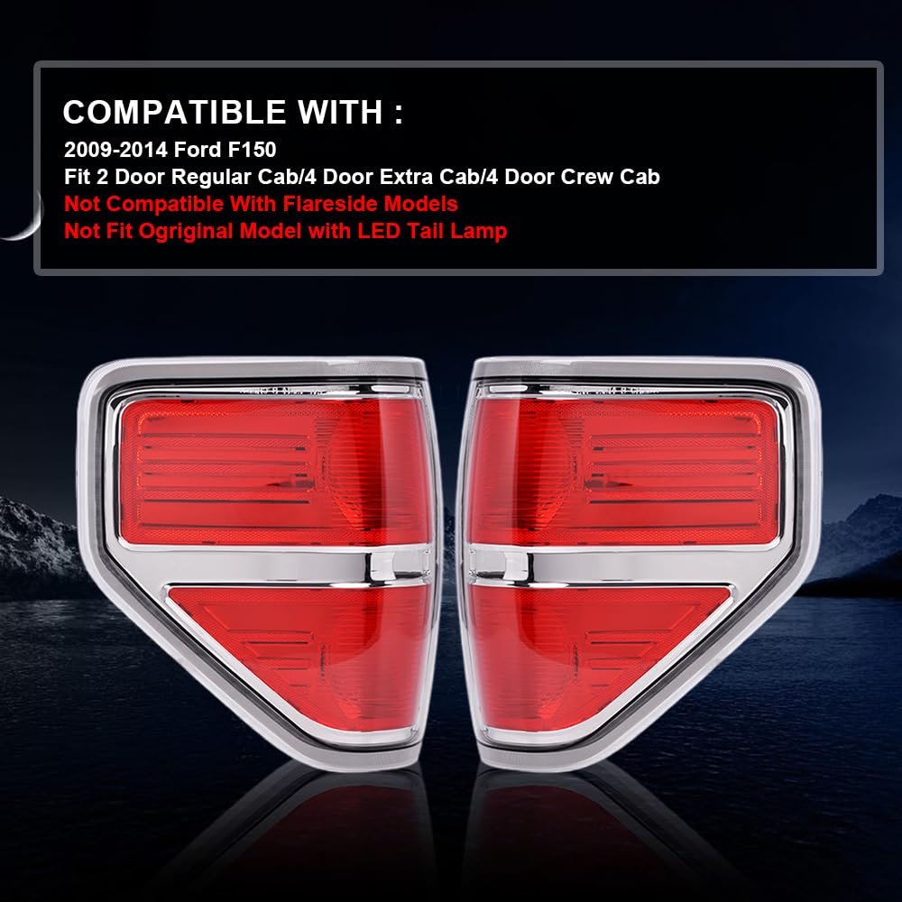 Tail Lights For Ford F150 2009 2010 2011 2012 2013 2014 Rear Brake Lamp Assembly Pair Red Lens Chrome Trim Halogen Fits Regular