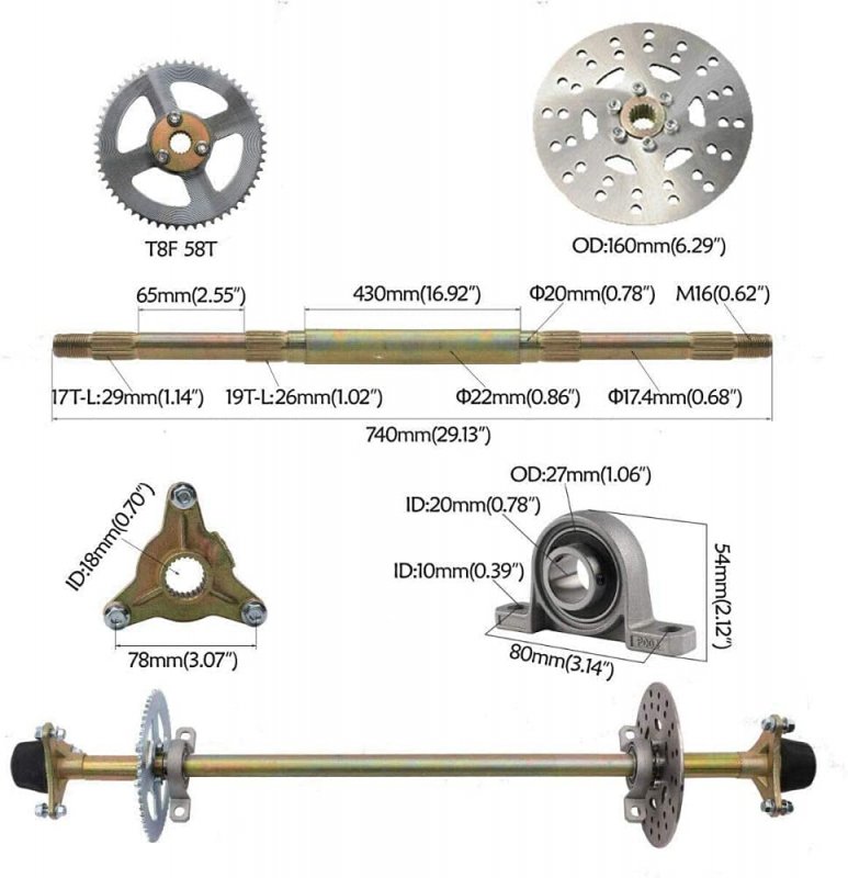 29 In Go Kart Rear Wheel Axle Shaft Assembly Kit With Hub T8f Chain And Brake Master Cylinder For Atv Quad Model Au125 J