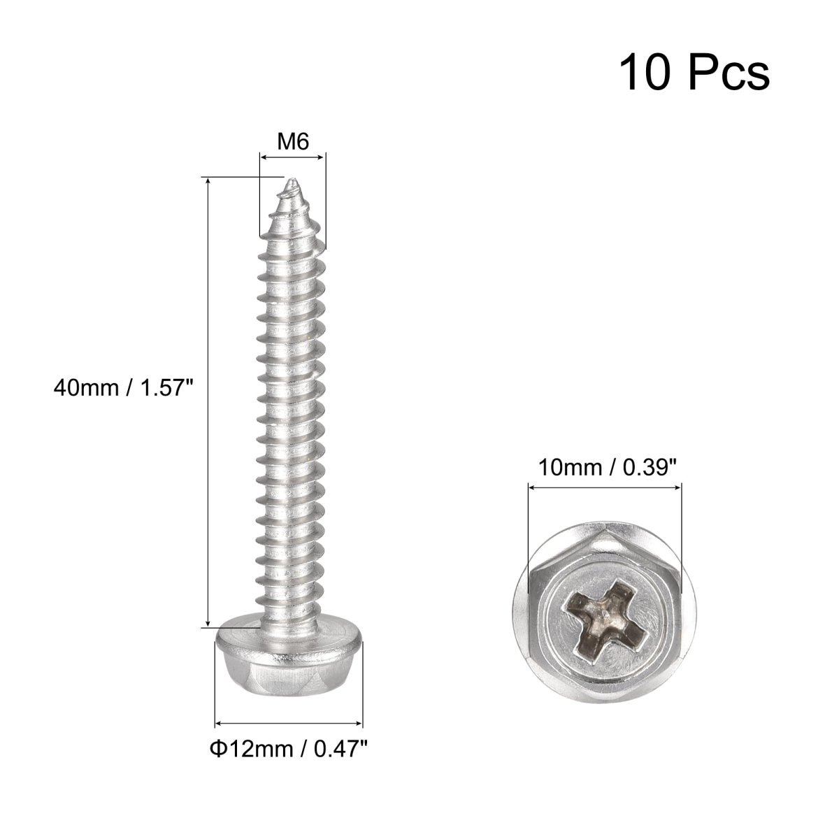 Phillips Hex Washer Self Tapping Screws M6 X 40mm 304 Stainless Steel Flange Sheet Metal Screw 10pcs