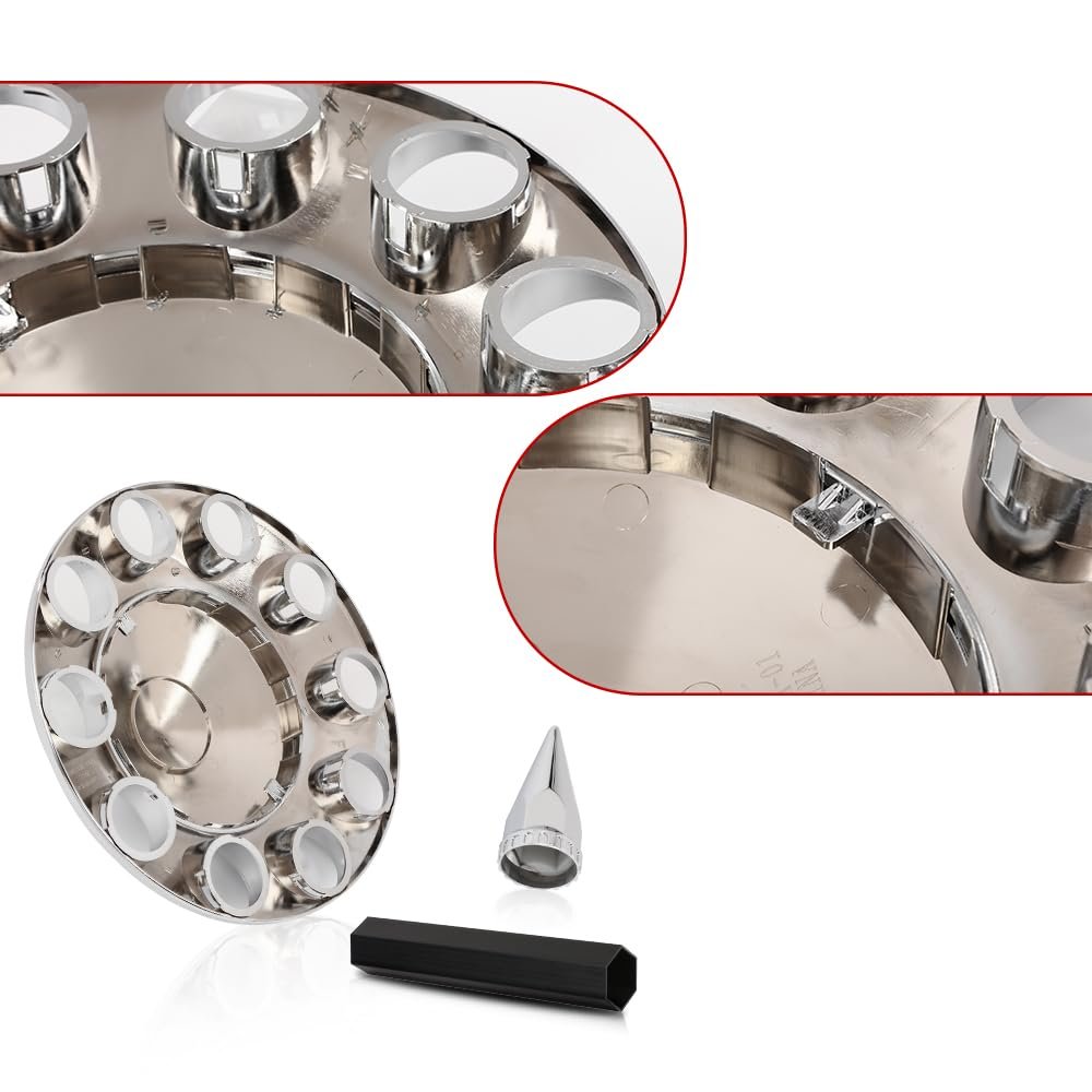 G-plus Front Hub Cover Set Chrome Semi Truck Wheel 33mm Nut Covers Spiked Compatible With Semi-truck 20 22 5 And 24 Wheels