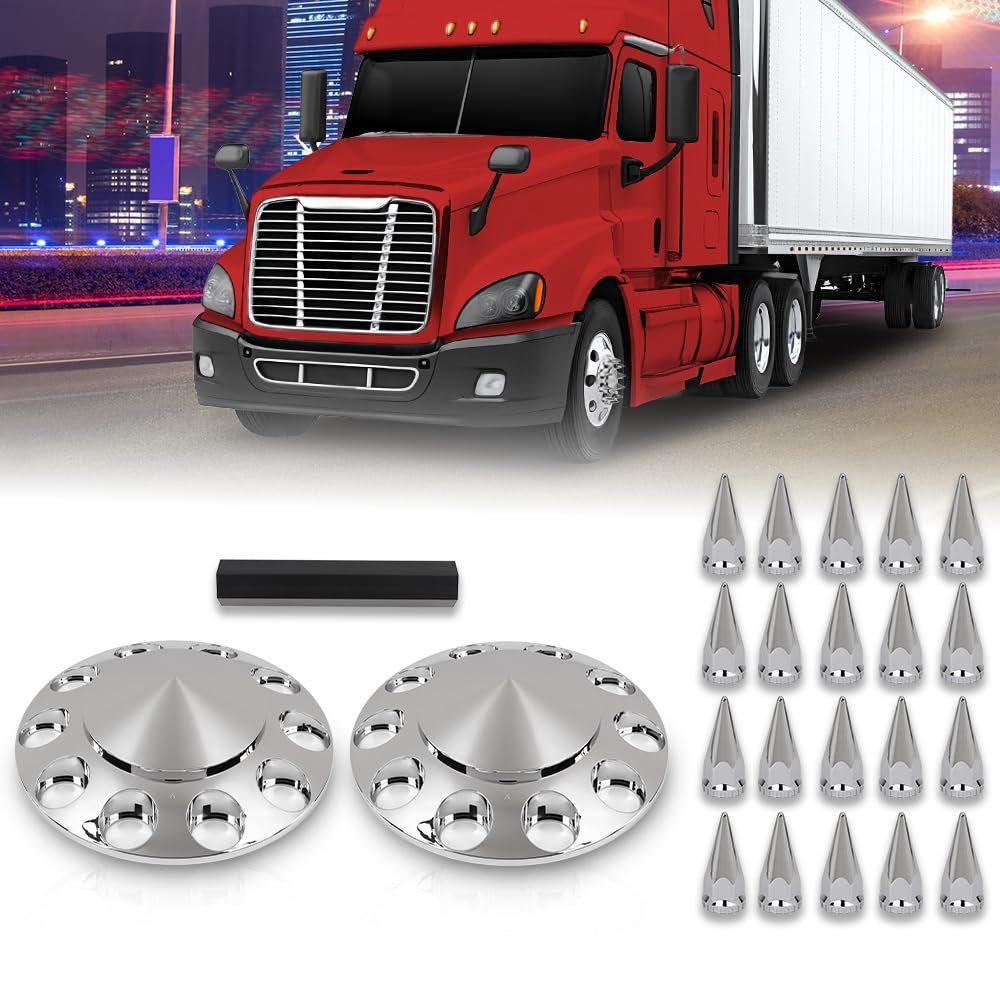 G-plus Front Hub Cover Set Chrome Semi Truck Wheel 33mm Nut Covers Spiked Compatible With Semi-truck 20 22 5 And 24 Wheels