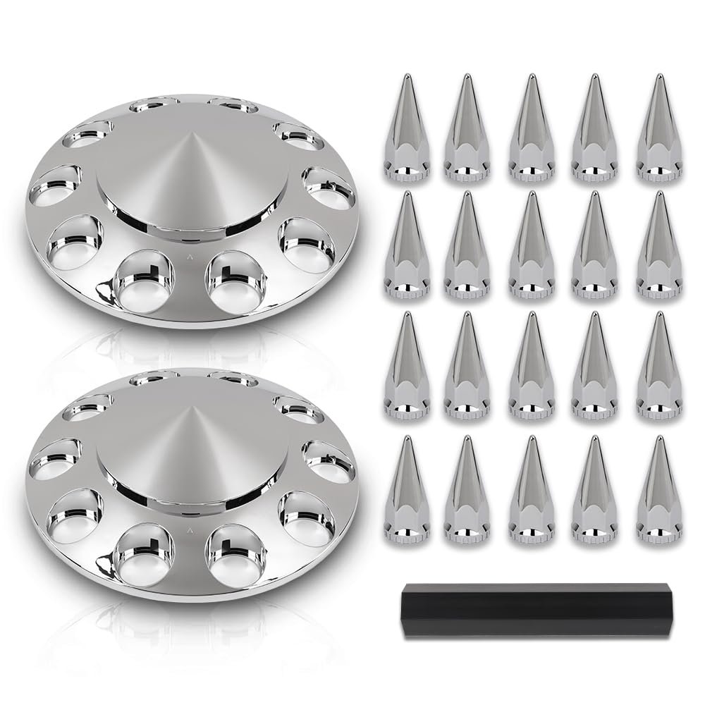 G-plus Front Hub Cover Set Chrome Semi Truck Wheel 33mm Nut Covers Spiked Compatible With Semi-truck 20 22 5 And 24 Wheels