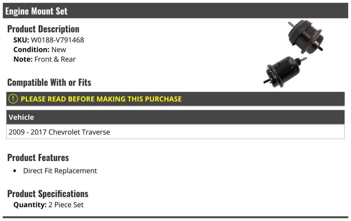 Front And Rear Engine Mount Set Of 2 For 2009 To 2017 Chevy Traverse Direct Fit Replacement W0188-v791468