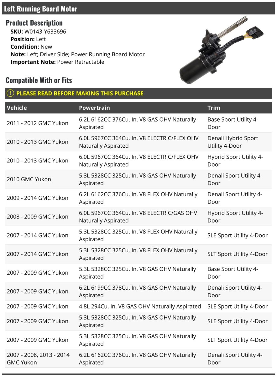 Left Driver Side Power Retractable Running Board Motor For 2007-2014 Gmc Yukon