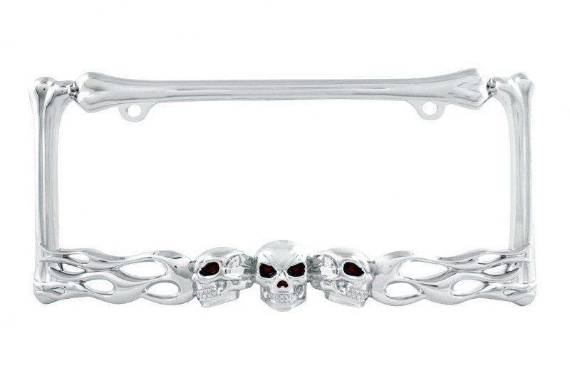 Cla Flaming Skull Metal License Plate Frame Chrome