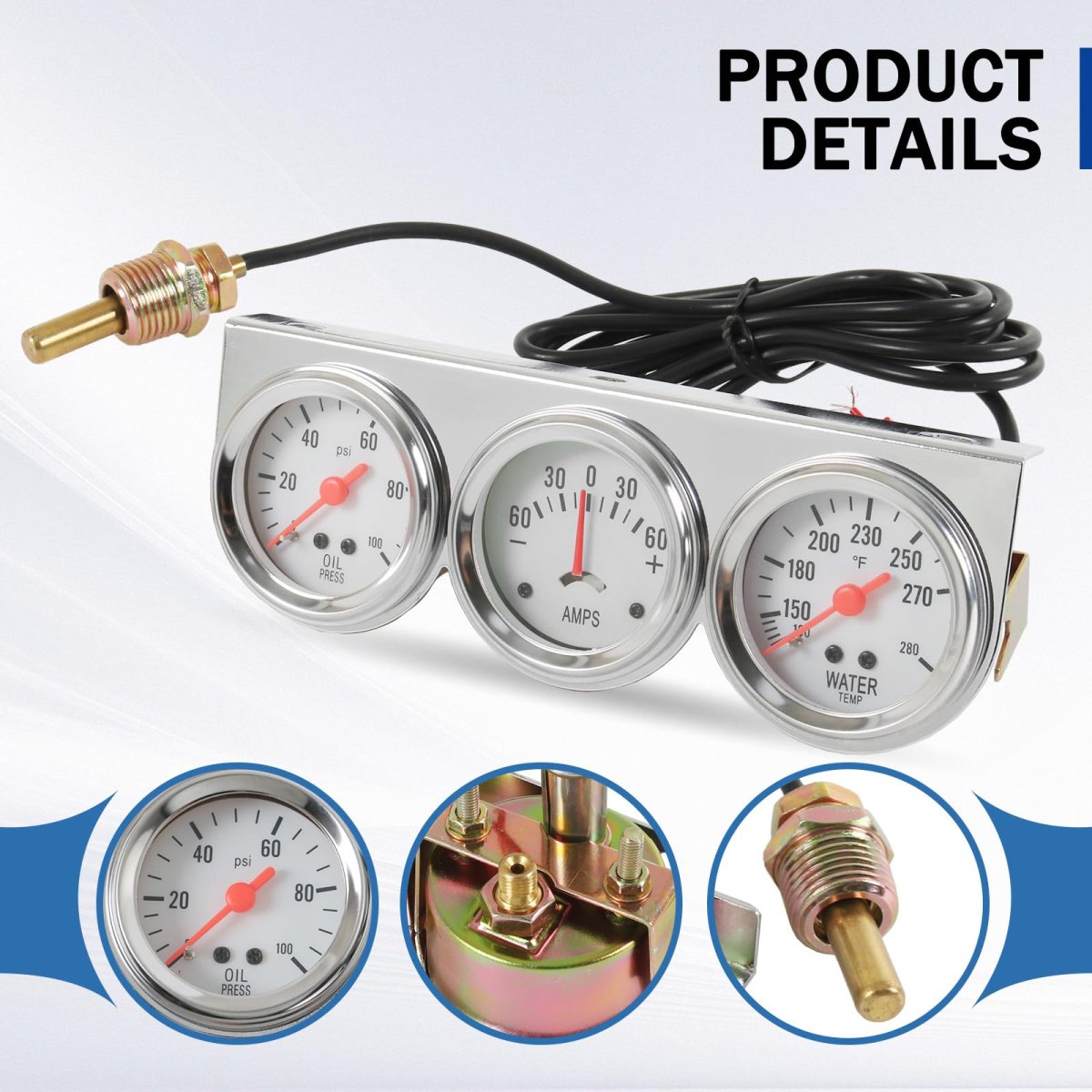 2 In 52mm Triple Gauge Set Kit With Oil Pressure Water Temperature And Amp Meter 3 1 For 12v Vehicles S086-cl-fba