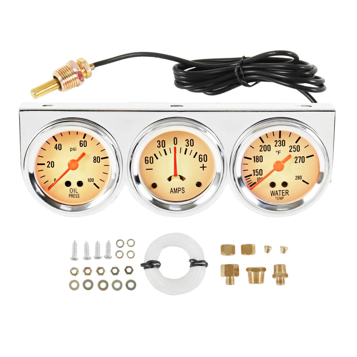 2 In 52mm Triple Gauge Set Kit With Oil Pressure Water Temperature And Amp Meter 3 1 For 12v Vehicles S086-cl-fba