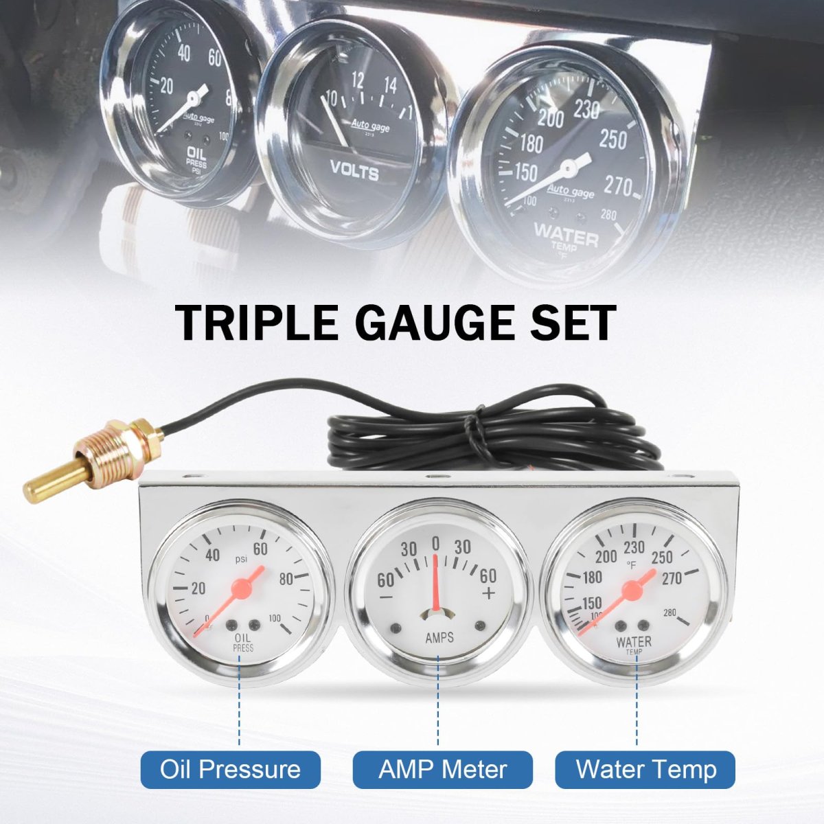 2 In 52mm Triple Gauge Set Kit With Oil Pressure Water Temperature And Amp Meter 3 1 For 12v Vehicles S086-cl-fba