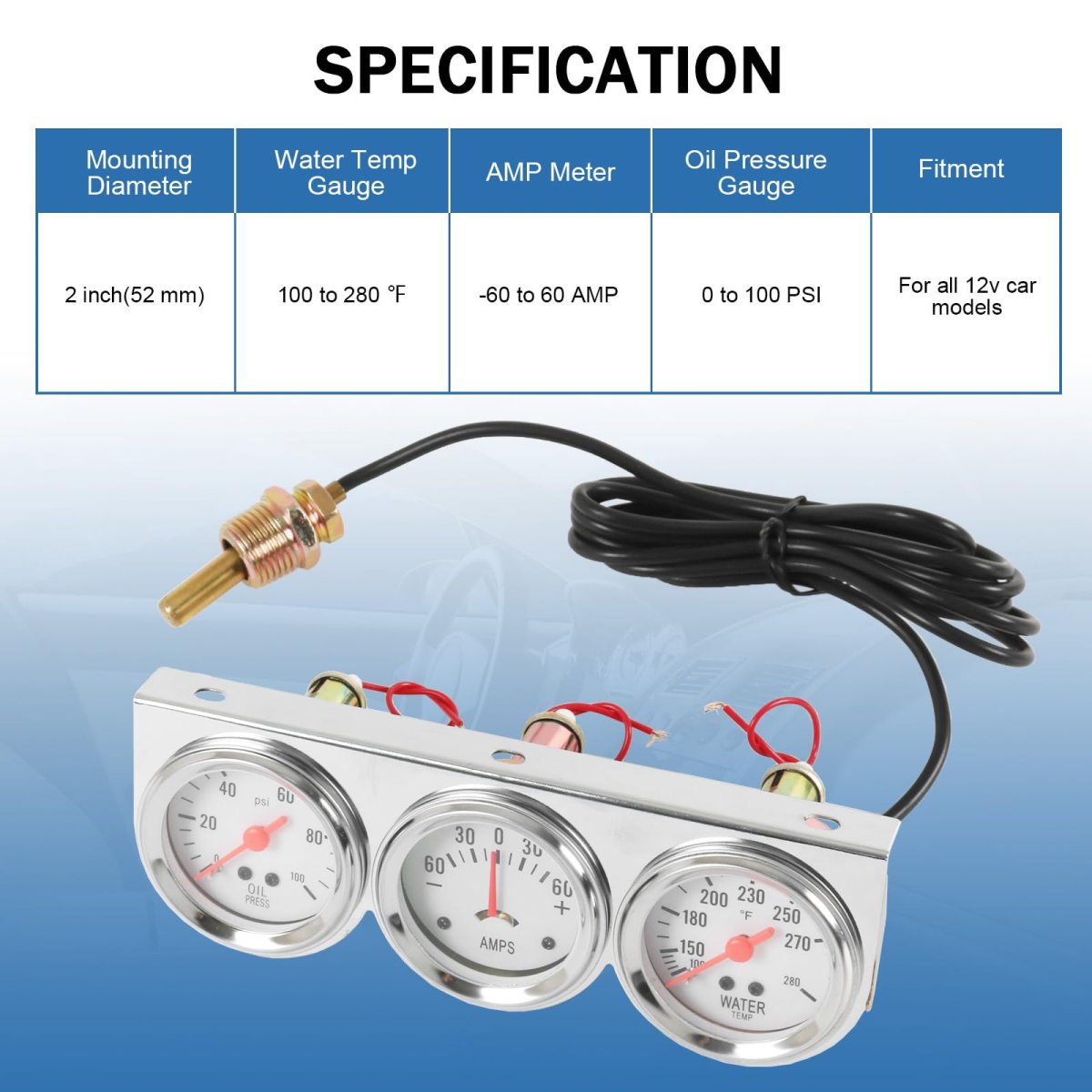 2 In 52mm Triple Gauge Set Kit With Oil Pressure Water Temperature And Amp Meter 3 1 For 12v Vehicles S086-cl-fba