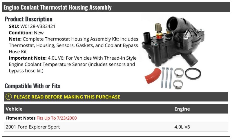Engine Coolant Thermostat And Housing Assembly Compatible With 2001 Ford Explorer Sport 4 0l V6 Fits Up To 7 23 2000