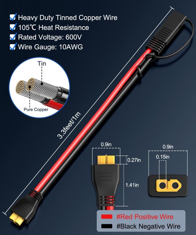Electop 10awg Sae To Xt60 Connector Extension Cable Plug Female Adapter Charger Solar Panel Kit For Generator Portable Power