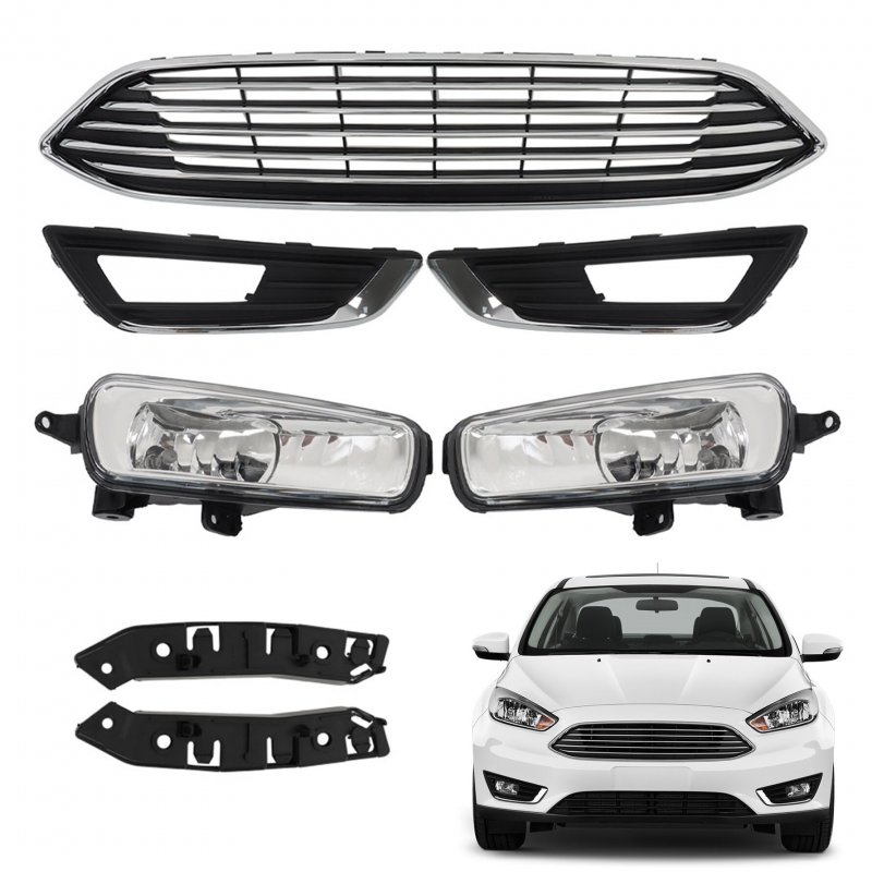 7 Piece Front Grille Fog Light And Cover Bumper Brackets Assembly For 2015 2016 2017 2018 Focus Black Chrome Plastic