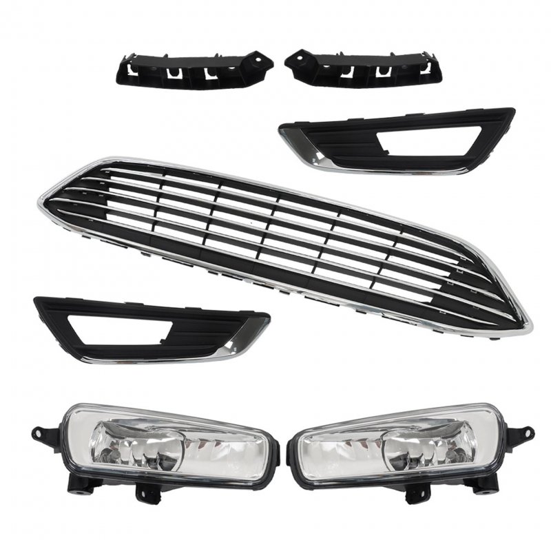 7 Piece Front Grille Fog Light And Cover Bumper Brackets Assembly For 2015 2016 2017 2018 Focus Black Chrome Plastic