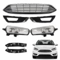 7 Piece Front Grille Fog Light And Cover Bumper Brackets Assembly For 2015 2016 2017 2018 Focus Black Chrome Plastic