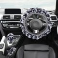 X Autohaux Elastic Leopard Pattern Fluffy Car Steering Wheel Cover With Handbrake Gear Shift Set Universal Gray
