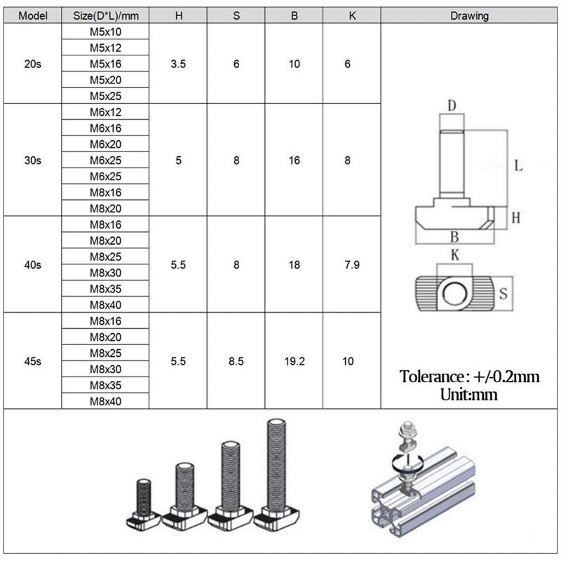 15 Pcs M8 X 40mm Thread Slot Drop-in Bolt T-bolt Hammer Head T Screw Stud For 4545 Series Standard 10mm T-slot Aluminum