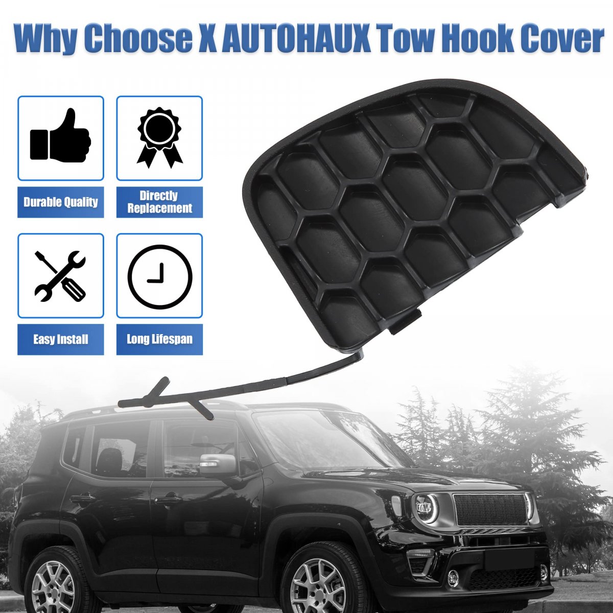 Tow Hook Cover Rear Bumper Eye Cap 735645726 5vw91lxhaa Black Replacement For Jeep Renegade 2015-2023