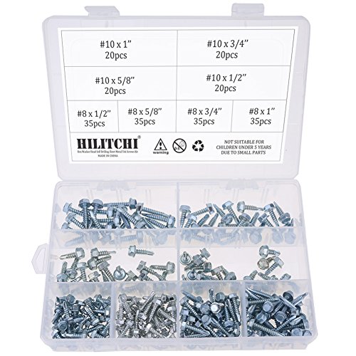 Hilitchi 220-Pieces Zinc Plated Hex Washer Head Self Drilling Sheet Metal Tek Screws Assortment Kit