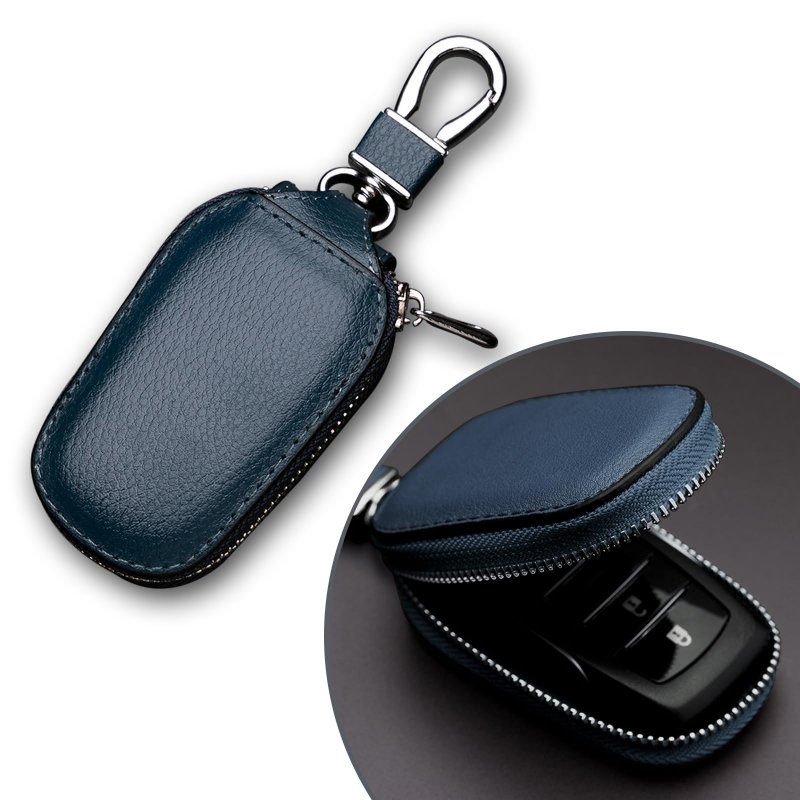 Fogfar 1 Pc Car Leather Key Case Smart Protective Cover For Remote Organizer With Hook Universal Cars Blue