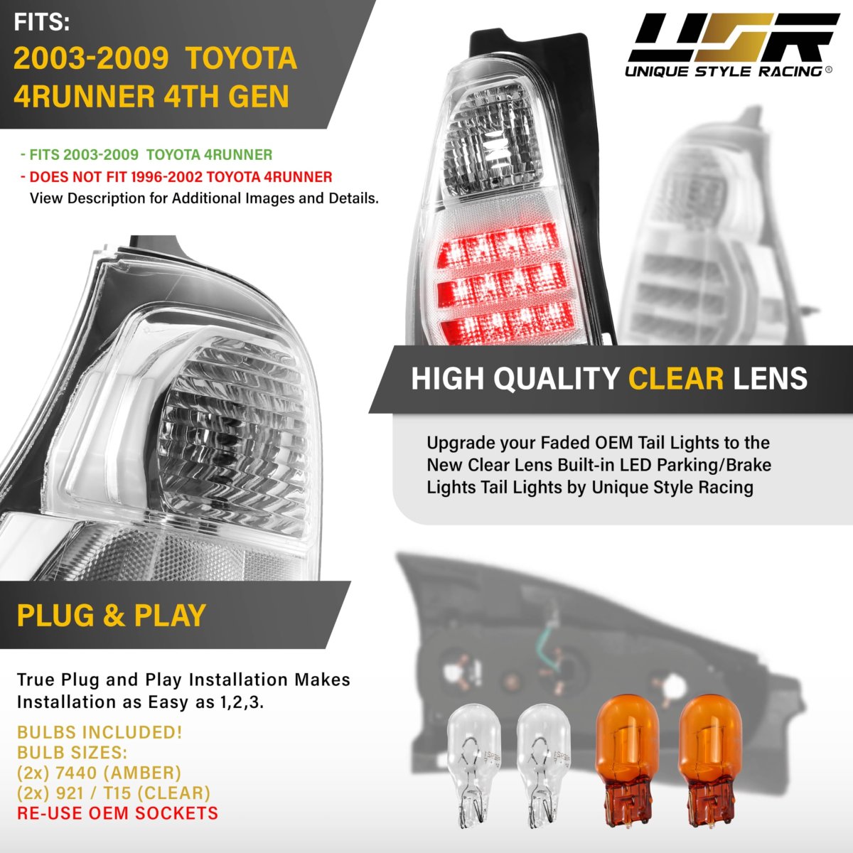 Rear Tail Light Assemblies For 2003-2009 Toyota 4runner All Clear Lens With Chrome Housing And Red Led Set Of 2 Left Right Sr5