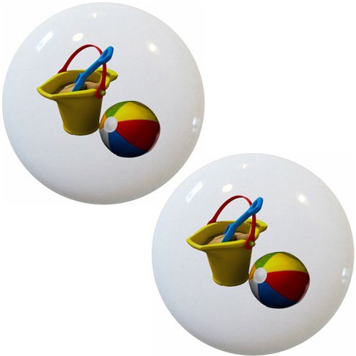 Set Of 2 Beach Ball Sand Bucket Cabinet Drawer Pull Knobs 1 5 In White Ceramic Furniture With Mounting Hardware