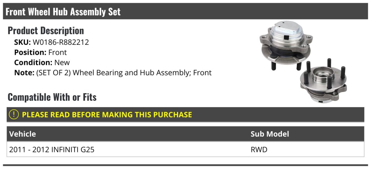 Front Wheel Bearing Hub Assembly Set Of 2 For 2011-2012 Infiniti G25 Rwd