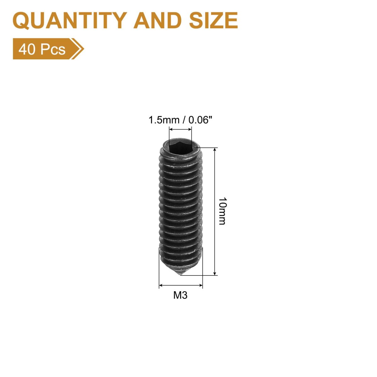 40pcs Set Screws M3x10mm Carbon Steel Cone Point Hex Socket Grub For Machinery Home Repairs And Fixtures Black