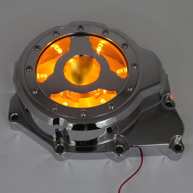 Chrome Left Engine Stator Cover With Yellow Led Light See Thru For 2006-2014 Yzf-r6 Billet Aluminum Motorcycle Part
