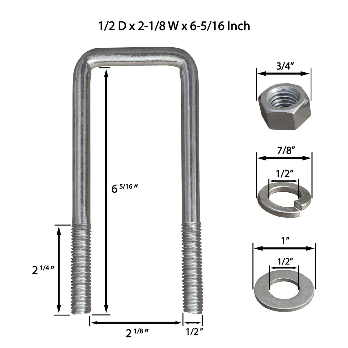 A A Square U Bolts With Hardware For Boat Trailer Electro-galvanized Steel 1 2 Diameter X 2-1 8 6-5 16 2x4 Beam 4 Pack