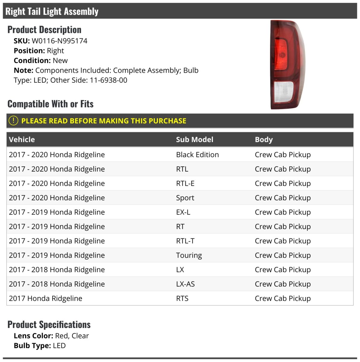 Right Passenger Side Led Tail Light Assembly For 2017 2020 Honda Ridgeline Crew Cab Pickup Red Lens