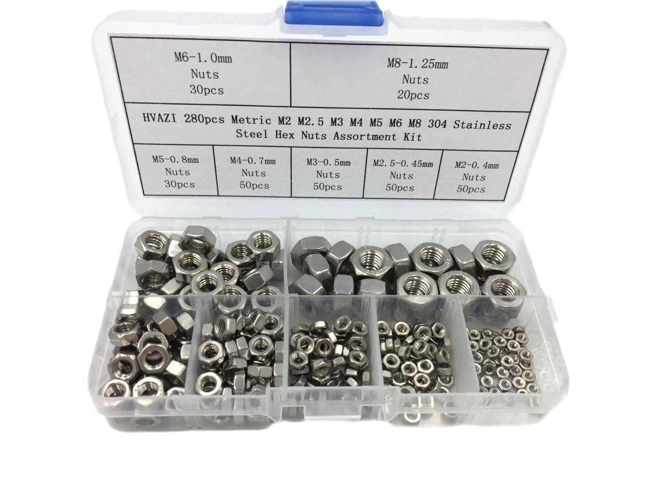 Hvazi 280pcs Metric M2 5 M3 M4 M5 M6 M8 304 Stainless Steel Hex Nuts Assortment Kit For Screw Bolt