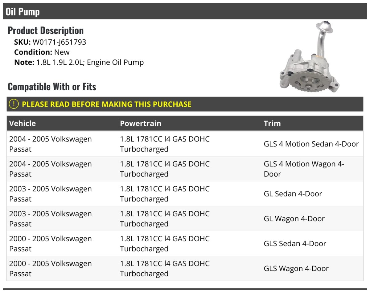 Engine Pump For 2000-2005 Volkswagen Passat 1 8l 9l 2 0l