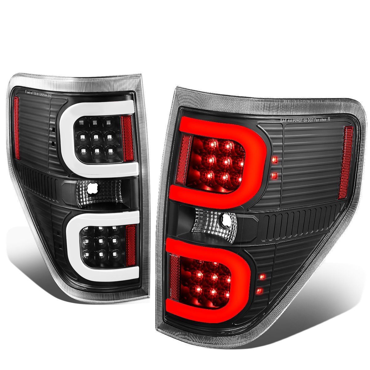 Auto Dynasty Led Tail Light For 2009-2014 Ford F150 Driver And Passenger Side Dual C-tube Brake Lamps Replacement Black Housing
