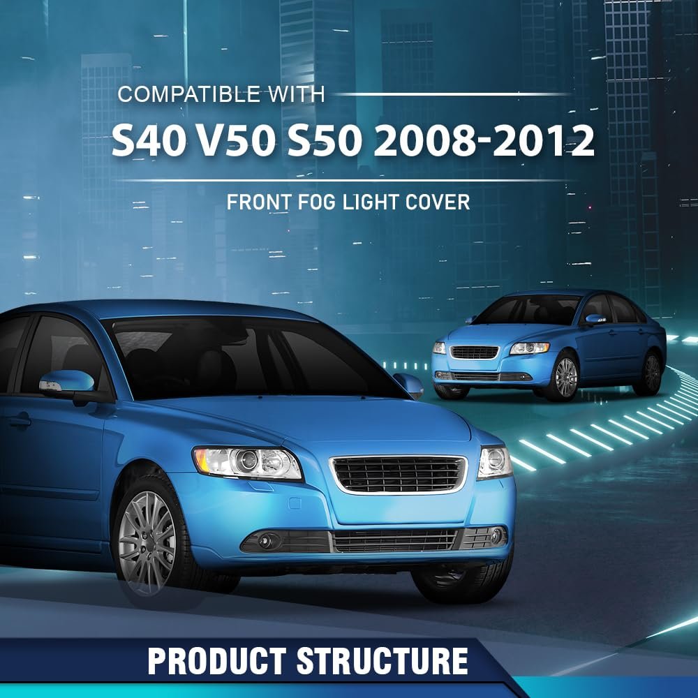 Front Bumper Fog Light Cover For Volvo S40 V50 S50 2008 2009 2010 2011 2012 2 Piece Black Set Replaces 30744919 30744920