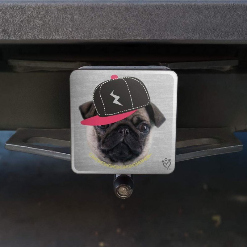 Tough Pug Puppy Dog In Cap Hat Tow Trailer Hitch Cover Plug Insert