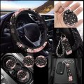 Pointodoor 8 Pieces Floral Car Accessories Set For Women Girls Sprig Flower Cherry Bloosom Steering Wheel Cover With Japanese