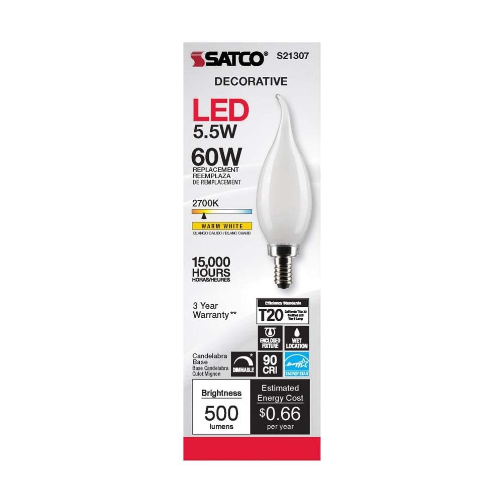 Satco 6pk 5 5w Ca10 Led 2700k Candelabra Base Frosted Dimmable 60w Equiv